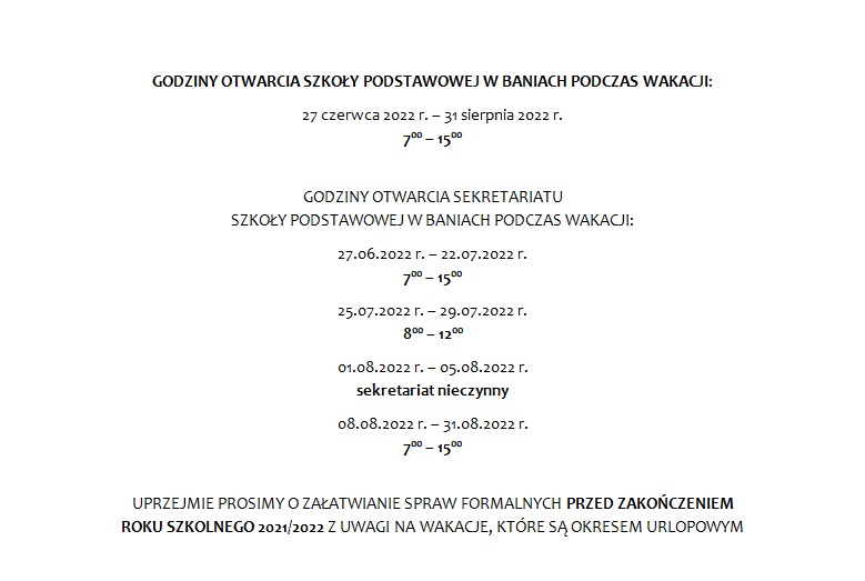 GODZINY OTWARCIA SZKOŁY PODCZAS WAKACJI - Obrazek 1